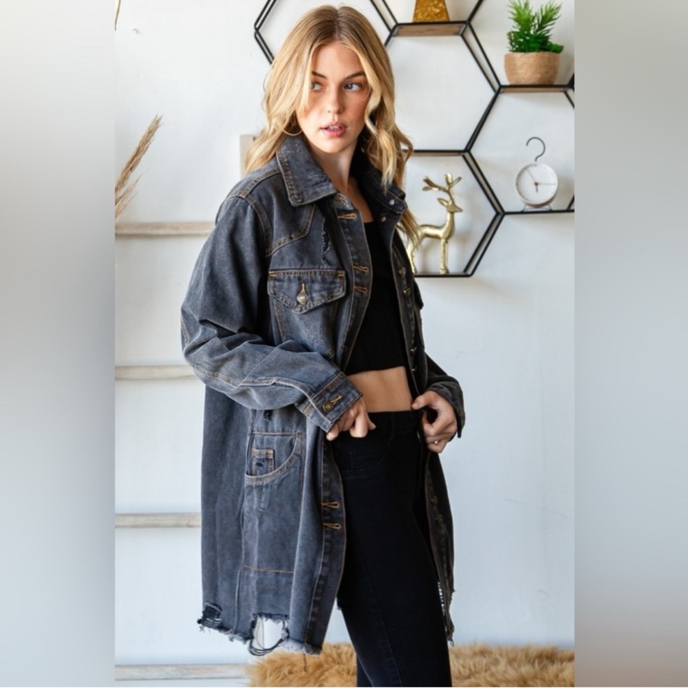 Veveret Small Black Distressed Button Up Denim Jacket Frayed Hem Edgy - Picture 6 of 13